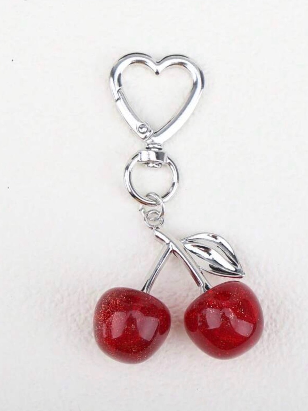 Silver Heart Keychain with Red Cherry Charm